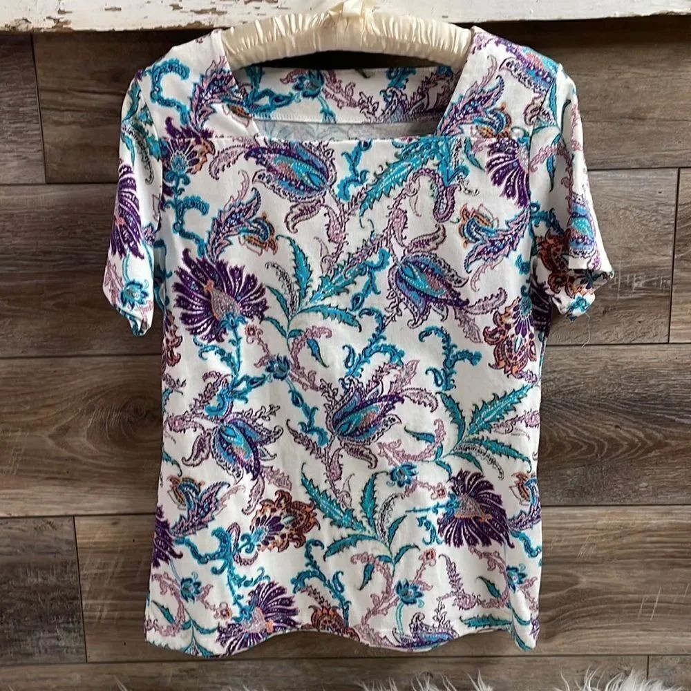 CORAL BAY Women’s Floral Short Sleeve Top Square Neckline Cottagecore Petite SM